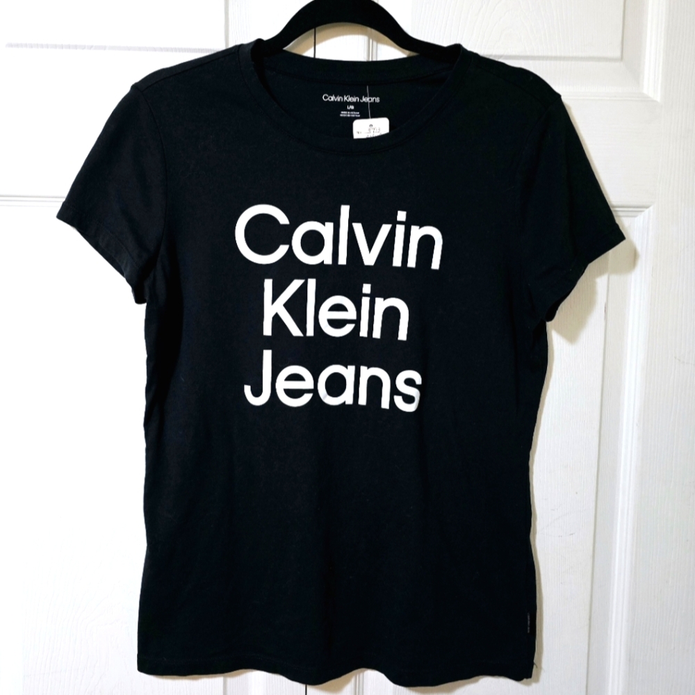 CALVIN KLEIN Women's Size Large Black & White Logo Short Sleeve Stretchy Tee